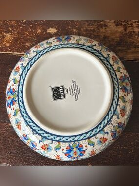 222 Fifth Tunisia Serving Bowl Blue Floral Porcelain Boho Global Dishwasher Safe
